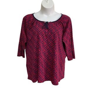 Riders By Lee Top Women's Size 1X Blue Pink Geometric 3/4 Sleeve Tie Round Neck